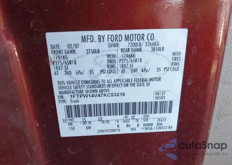 2007 Ford F-150 Fx4/Lariat/Xlt z USA, uszkodzony, nr VIN 1FTPW14V47KC53216